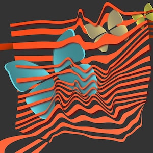 May include: Abstract digital art featuring orange and black wavy lines, with light blue and gold butterfly shapes. The artwork has a 3D effect, with the lines appearing to float over a dark gray background.