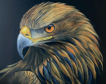 鷲のように立ち上がれオリジナル絵画、白頭鷲、オーロラと松林、青緑の