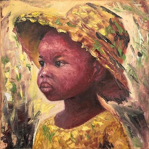 Portret van een zwart kind - handgemaakt olieverfschilderij op canvas, emotioneel zwart kind kunst op canvas, zwart ingelijst, 11,8 x 11,8 inch