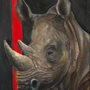 Peinture à l'huile de rhinocéros, toile de rhinocéros encadrée noire, art à l'huile de faune de rhinocéros peint à la main, peinture à l'huile de rhinocéros majestueux, petite toile encadrée d'art de rhinocéros