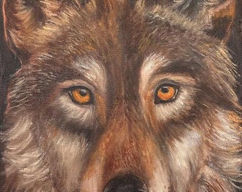 若いオオカミを描いた油絵、動物アートのオリジナル作品、ミコラ