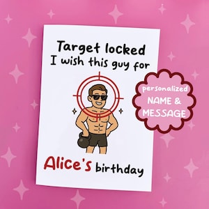 "Lustige personalisierte Geburtstagskarte für Sie - ""Target Locked"" Gym Guy Design - Name und individuelle Nachricht - 13 x 18 cm."