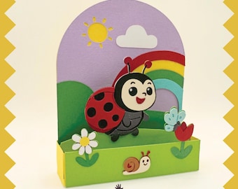 春の虹色てんとう虫ポップアップカード SVG | 3Dバースデーカード | DIYペーパークラフトキット | Cricutテスト済み | すぐにダウンロード