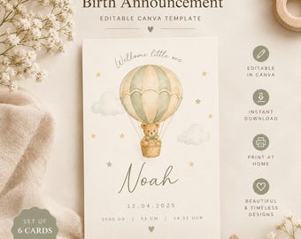 Set of 6 Neutral Baby Cards, Teddy Bear Watercolor Collection, Birth Announcement, Baby Shower, Thank You & Welcome Cards
