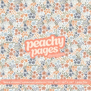Bloementrossen naadloze patroon Instant digitale download handgetekende digitale PNG-papieren sublimatie ontwerp van oppervlak bloemen blauw oranje bestand