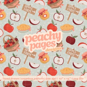 Puede incluir: Patrón sin costuras con manzanas, tartas de manzana, cestas de manzanas y tarros de conservas. El diseño incluye letreros que dicen "Apple Farm" y el texto "peachy pages designs". El fondo es de color azul claro.