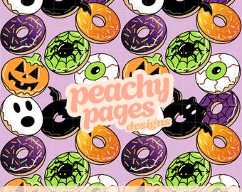 Spooky Donuts Seamless Pattern, Hand-Drawn Halloween PNG (Digital Download)