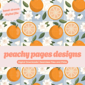 Puede incluir: Patrón digital con naranjas, rodajas de naranja, flores blancas y hojas verdes sobre un fondo a cuadros azul claro y blanco. El texto "peachy pages designs" se muestra en una pancarta rosa, con "Digital Downloads | Seamless Files and PNGs".