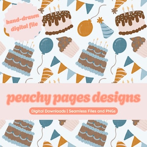 Birthday Boy Seamless Pattern Instant Digital Download Hand Drawn PNG Digital Papers Sublimation Surface Design Blue Party Cakes File