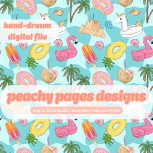 Summer Fun Seamless Pattern Instant Digital Download Hand Drawn PNG Digital Papers Sublimation Surface Design Beach Pool Float File