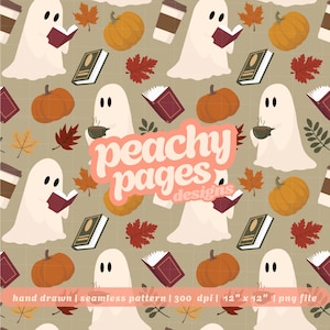 Bookish Ghosts Seamless Pattern Instant Digital Download Hand Drawn PNG Digital Papers Sublimation Surface Design Fall Coffee Reading File