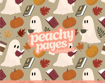 Bookish Ghosts Seamless Pattern Instant Digital Download Hand Drawn PNG Digital Papers Sublimation Surface Design Fall Coffee Reading File