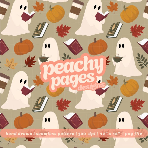 Bookish Ghosts Nahtloses Muster, Herbstkaffee und Lesen PNG (digitaler Download)