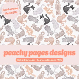 Watercolor Cats Seamless Pattern Instant Digital Download Hand Drawn PNG Digital Papers Sublimation Surface Design Kittens File