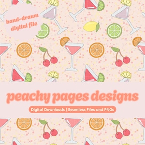 Fruit Cocktails Seamless Pattern Instant Digital Download Hand Drawn PNG Digital Papers Sublimation Surface Design Martini Drinks File