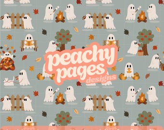 Fall Ghosts Seamless Pattern Instant Digital Download Hand Drawn PNG Digital Papers Sublimation Surface Design Football Camping Pumpkin File