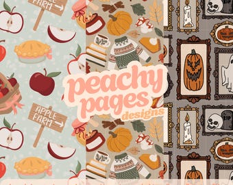 Fall Bundle Three Seamless Patterns Instant Digital Download Hand Drawn PNG Digital Papers Sublimation Surface Design Halloween Files