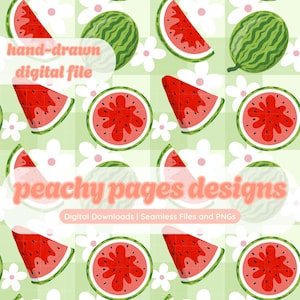 Gingham Watermelons Seamless Pattern Instant Digital Download Hand Drawn PNG Digital Papers Sublimation Surface Design Green Red Fruit File