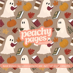 Bookish Ghosts Seamless Pattern Instant Digital Download Hand Drawn PNG Digital Papers Sublimation Surface Design Fall Coffee Reading File