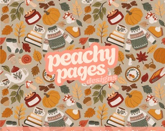 May include: A seamless pattern featuring fall-themed illustrations. The design includes pumpkins, sweaters, leaves, books, teacups, and mushrooms in shades of orange, green, and brown. The text "peachy pages designs" is prominently displayed. The pattern is hand-drawn and is 12" x 12".