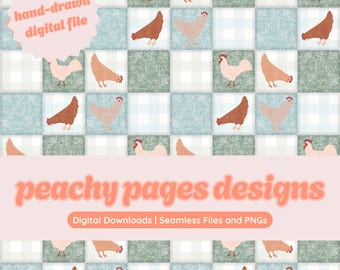 Patchwork Chicken Seamless Pattern, Hand-Drawn Farm Design (Digital Download)