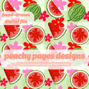 Bright Watermelons Seamless Pattern Instant Digital Download Hand Drawn PNG Digital Papers Sublimation Surface Design Gingham Fruit File