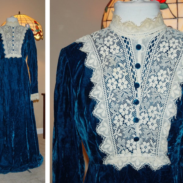 Vintage 60s Crushed Blue Velvet with Ivory Lace Victorian Style Maxi Dress Evening Gown Goth Steampunk Hippie S Small