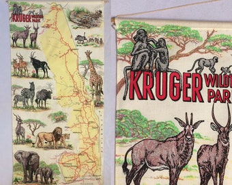 Vintage Kruger Wildtuin National Park Map Print Fabric Map Jungle Safari Animals Wall Hanging Art