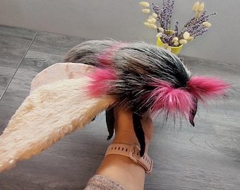 Handmade Moth Plush: Fluffy Dark Body, Cream-Pink Wings