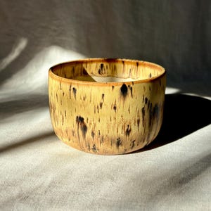 May include: A cylindrical ceramic bowl featuring a warm yellow glaze with vertical dark brown and black drip patterns. The interior of the bowl is a smooth, solid off-white color, while the exterior displays a textured, mottled finish.
