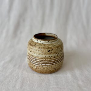May include: A small, speckled ceramic vase with a round body and a wide opening. The vase is primarily tan with dark brown speckles and horizontal white stripes. The interior is dark brown. The vase sits on a neutral-colored surface.