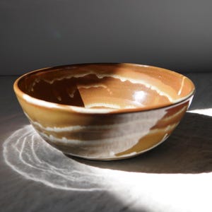 Handmade Ceramic Bowl (Glossy Brown/White/Red Spiral)