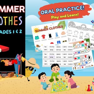 ESL SUMMER CLOTHES: Vocabulary + Coloring + Board Game For Grades 1 & 2!