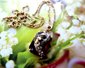 Angel In The Ruby Glass Cathedral Window Necklace, Vintage Classical Angel On Ruby Glass Gem Necklace, Classic Angel On Ruby Window Necklace