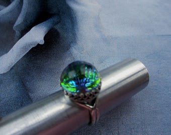 925 Sterling Adj Ring With Vintage New Old Stock Medium Vitrail Czech Domed Fireball Gem, 925 Sterling Adj Ring With NOS Czech Fireball Gem