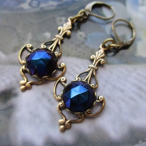 Czech Blue Iridescent Gem Gold Filigree Lever Backs Blue Iridis Gem Earrings Blue Iridescent Gem Earrings  Midnight Blue Gem Lever Backs