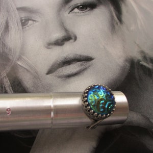 Unusual Czech Glass And 925 Sterling Adjustable Ring For Her, OOAK Czech Green And Blue AB Glass And 925 Sterling Adjustable Ring For A Lady
