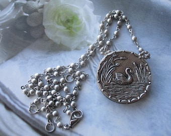 Reversible Classic Swan Scene Front To Enameled Hand Painted Rose Back Necklace Swan Scene To Rose Necklace Reversible Swan Scene Necklacee