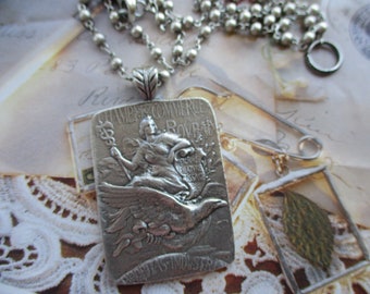 Silver Plated Re-Casting Of 1910 French Original Art Nouveau Medal As A Necklace, Silver Plated Nouveau Design Medal As A Necklace