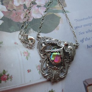 Subtle Elegance Antiqued Silver Swallow With Vintage Amethyst AB Gem Necklace On Antiqued Sterling 925 Chain