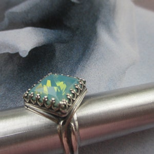 925 Sterling Adjust Ring With Locking Band Crown Set With Swarovski Square Pacific Opal Gem, 925 Sterling Ring With Dreamy Pacific Opal Gem
