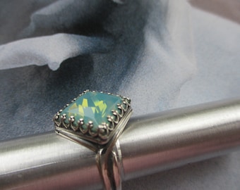 925 Sterling Adjust Ring With Locking Band Crown Set With Swarovski Square Pacific Opal Gem, 925 Sterling Ring With Dreamy Pacific Opal Gem