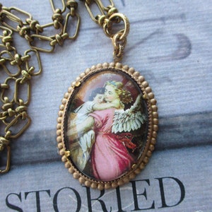 Guardian Angel In The Window Necklace, Art Nouveau Reversible Guardian Angel Necklace, Religious Angel Necklace , Religious Guardian Angel