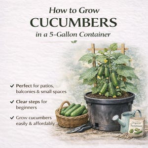 Puede incluir: Ilustración sobre cómo cultivar pepinos en un contenedor de 19 litros. La imagen muestra una planta de pepino en maceta, una cesta de pepinos y una bolsa de fertilizante orgánico. El texto dice "How to Grow CUCUMBERS".