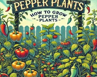 May include: A colorful illustration of a garden scene with pepper plants. The image features a wooden sign that reads "Pepper Plants" and "How to Grow Pepper Plants." Various types of peppers, including red, yellow, and green, are shown growing among green foliage.