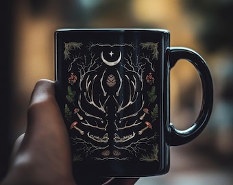 Black Yule Coffee Mug, Crescent Moon and Bones, Witchy Pagan Holiday