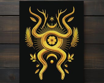 May include: A gold snake with antlers, a flower, and crescent moons on a black background. The snake is intertwined with itself and has a stylized sunburst behind it.