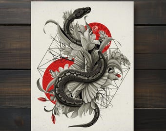Botanical Snake Art Print, Vintage Floral Serpent, Goth Home Decor