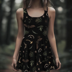 Witchy All-Over Print Bat Skater Dress, Dark Academia Cute Black Dress, Gothic Vintage Botanical Dress, Pagan Occult Fashion, Boho Dress