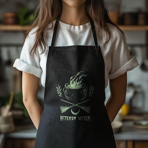 Kitchen Witch Black Organic Cotton Apron, Cottagecore Cauldron Apron, Artist&#39;s Apron, Crafter&#39;s Apron, Gifts For Cooks, Witchy Goth Smock